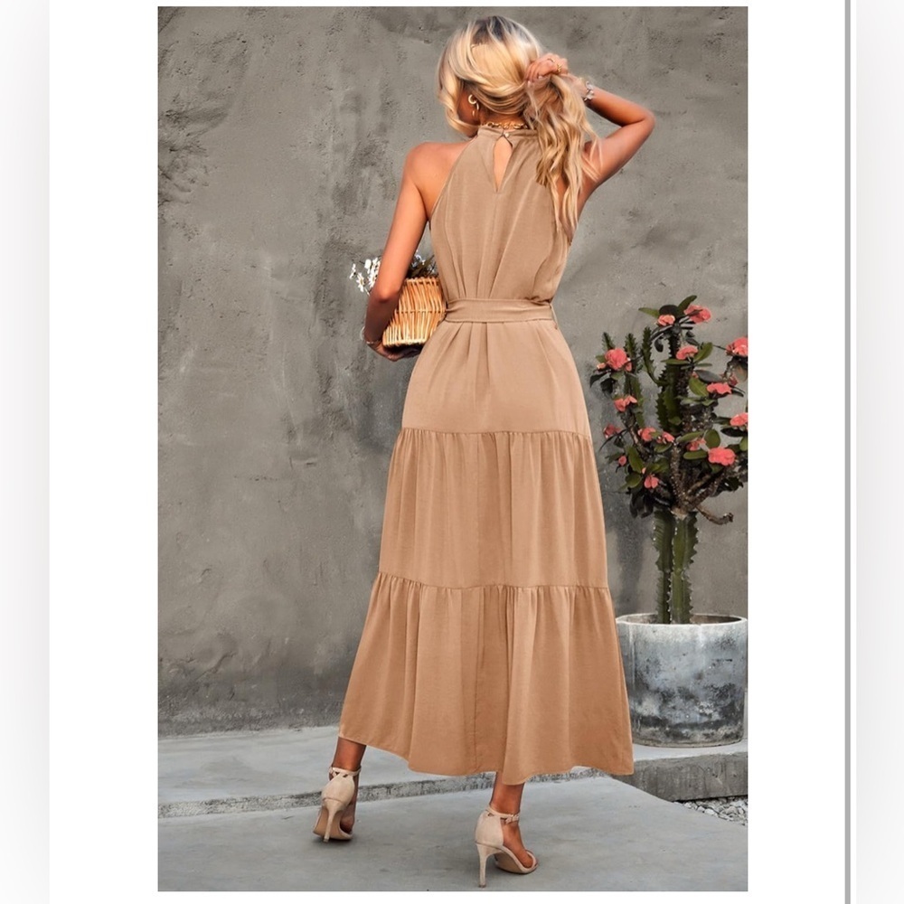 NWT Maxi  Sleeveless Halter Neck Flowy Ruffle Hem Long Boho Dresses with Belt - Picture 2 of 11